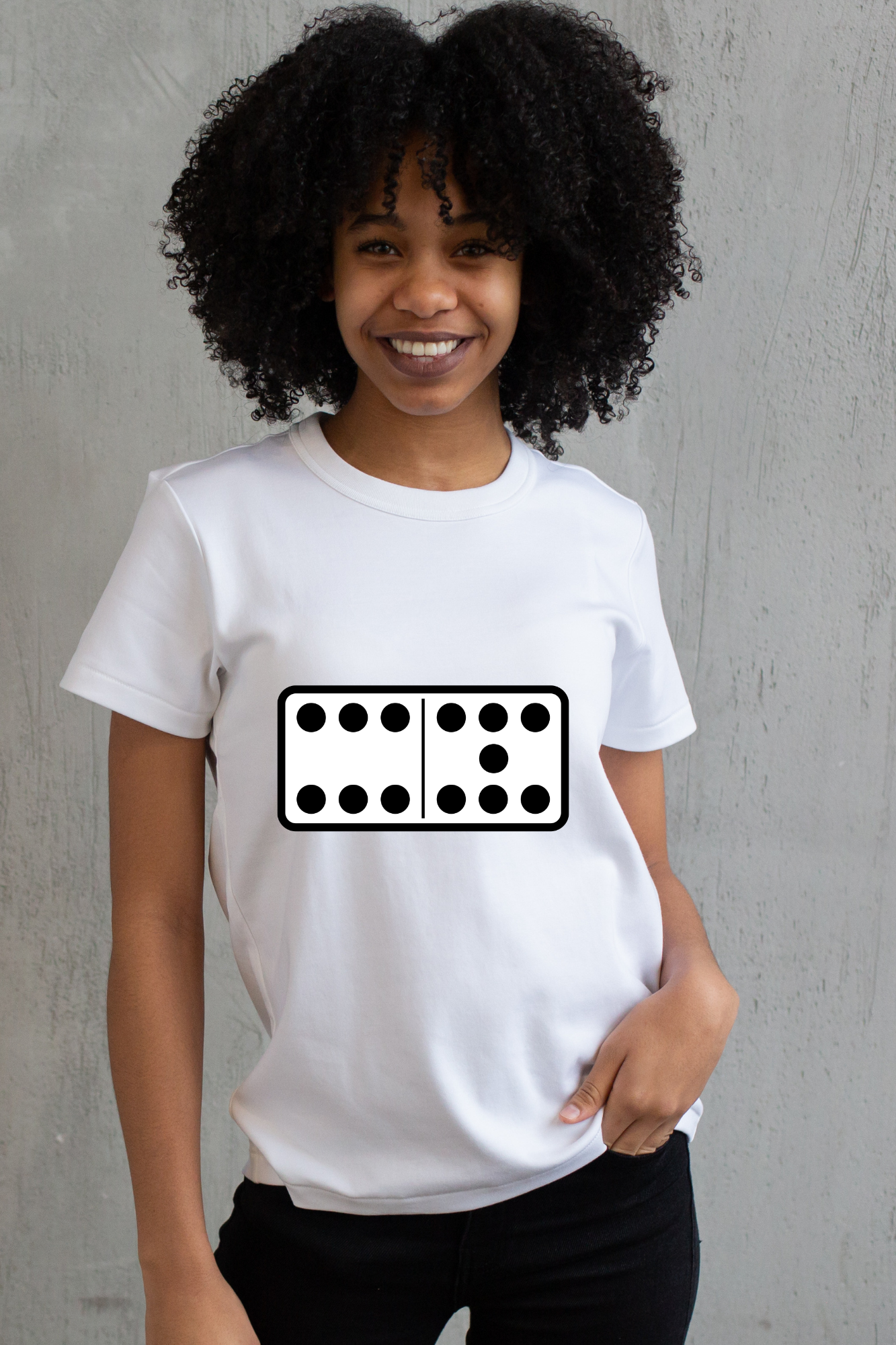 Person wearing a white 6 7 t-shirt with a black and white graphic design on a gray background