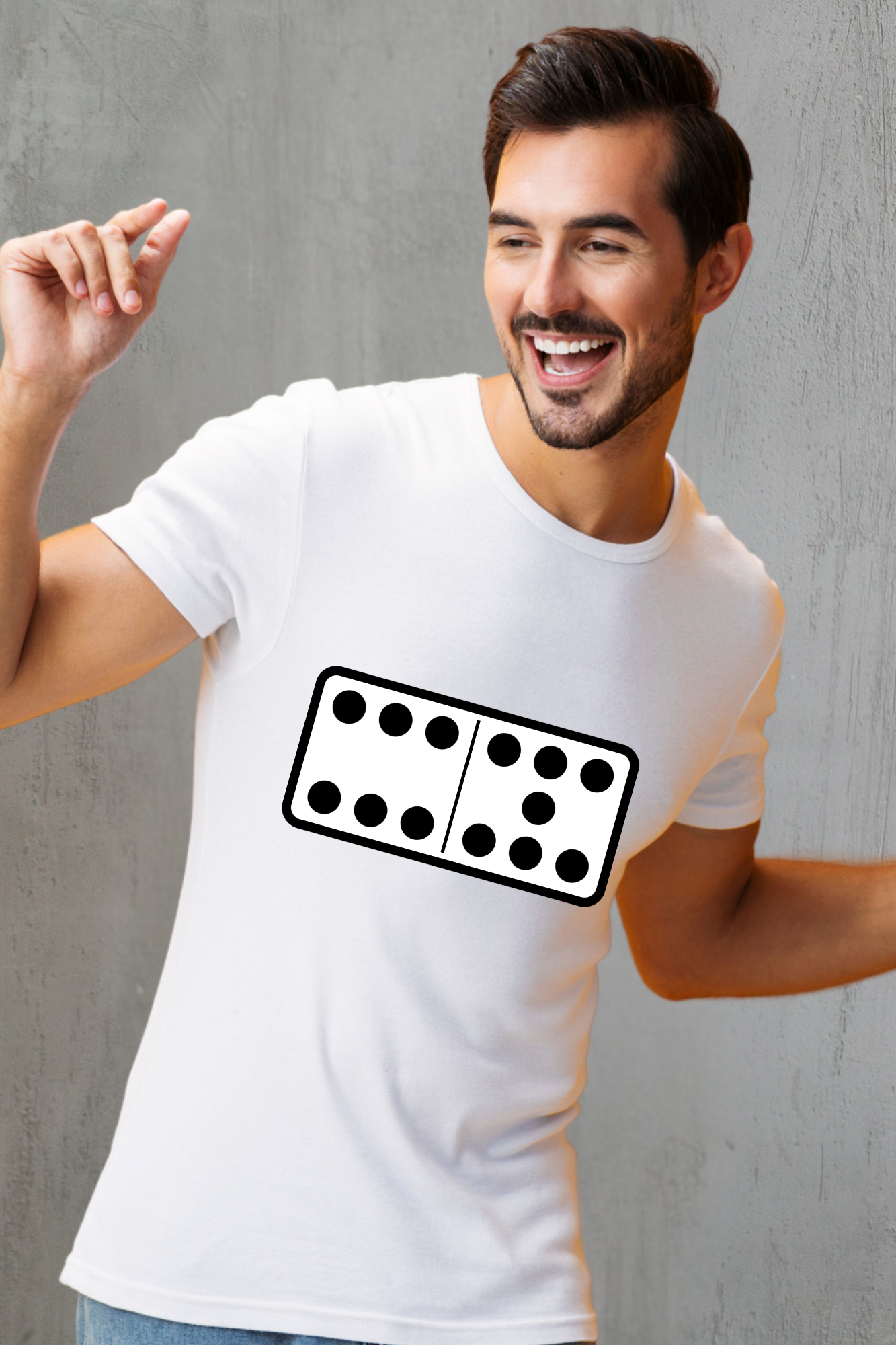 Man wearing a white t-shirt with a black and white 67 graphic design on a gray background