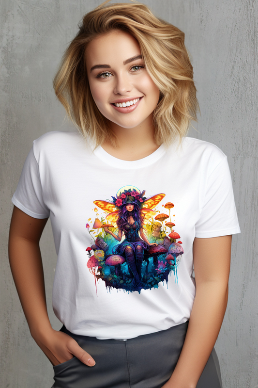 Person wearing a white t-shirt with a colorful graphic design on a gray background