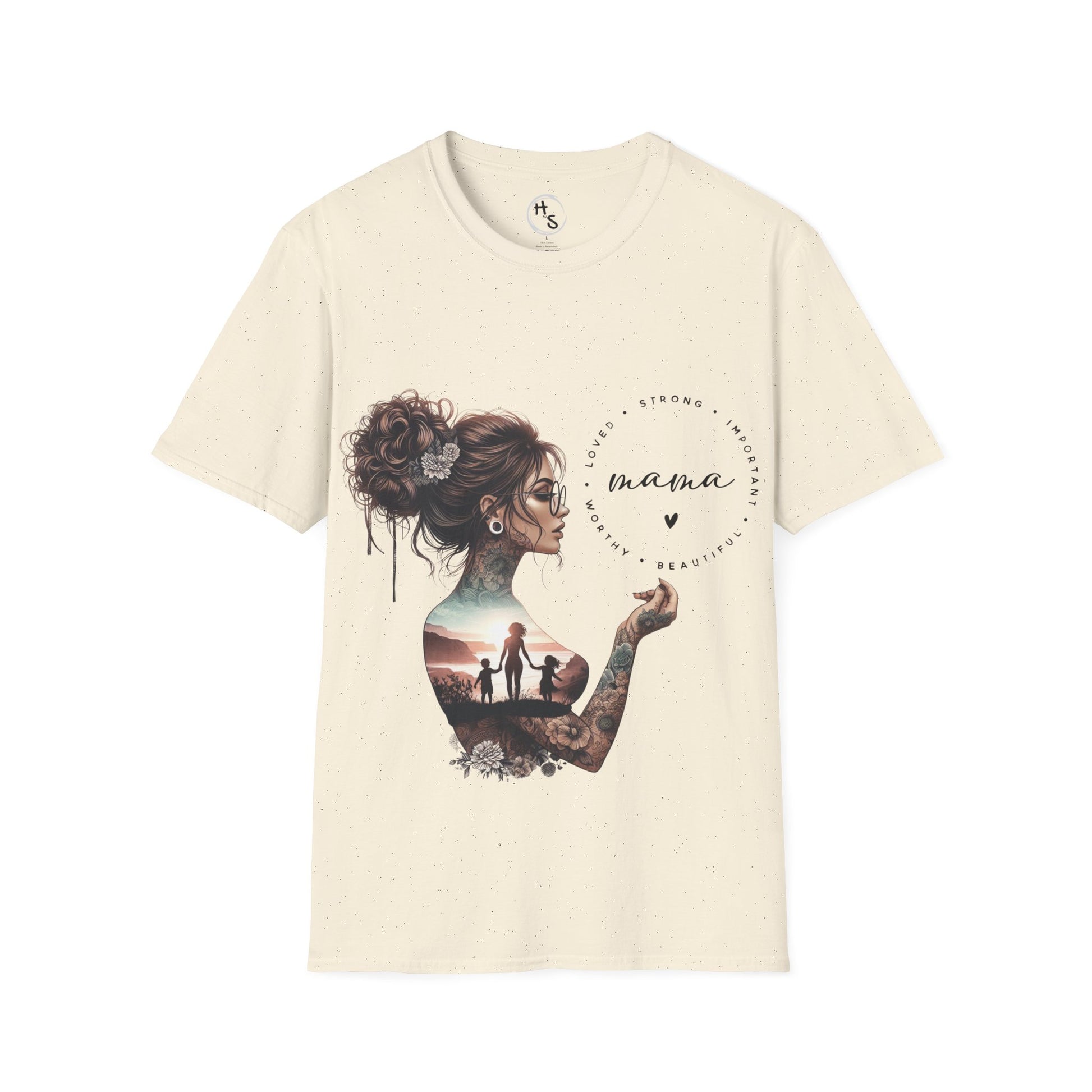 Beige t-shirt with a graphic design of a woman with tattoos and text on a white background