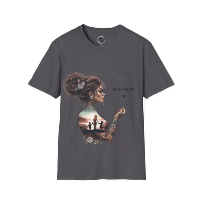 Gray t-shirt with a graphic design of a woman's silhouette and family on a white background