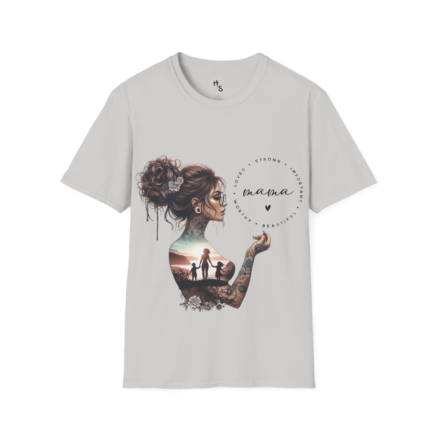 Gray t-shirt with a graphic design of a woman with tattoos and text on a white background