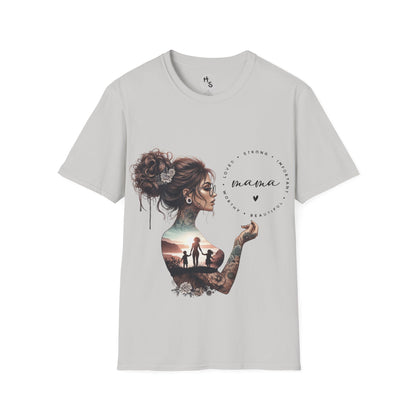 Gray t-shirt with a graphic design of a woman with tattoos and text on a white background