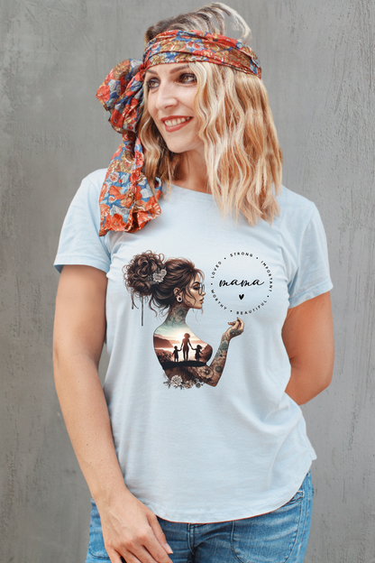 Woman wearing a grey t-shirt with a graphic design on a gray background