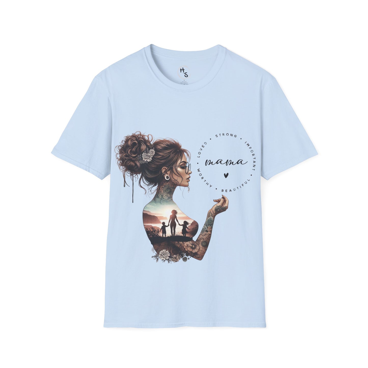 Light blue t-shirt with a graphic design of a woman with tattoos and a family silhouette on a white background.