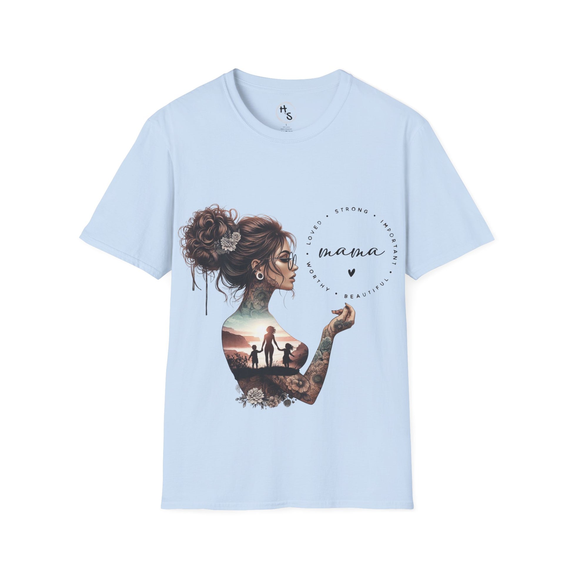 Light blue t-shirt with a graphic design of a woman with tattoos and a family silhouette on a white background.