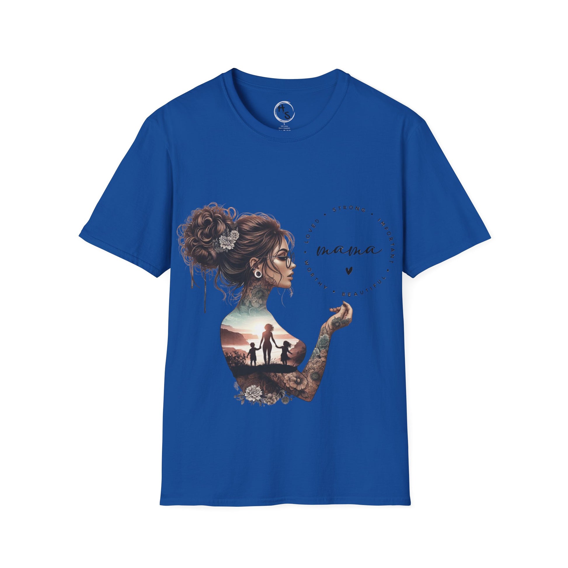Blue t-shirt with artistic design of a woman holding hands with children on a white background