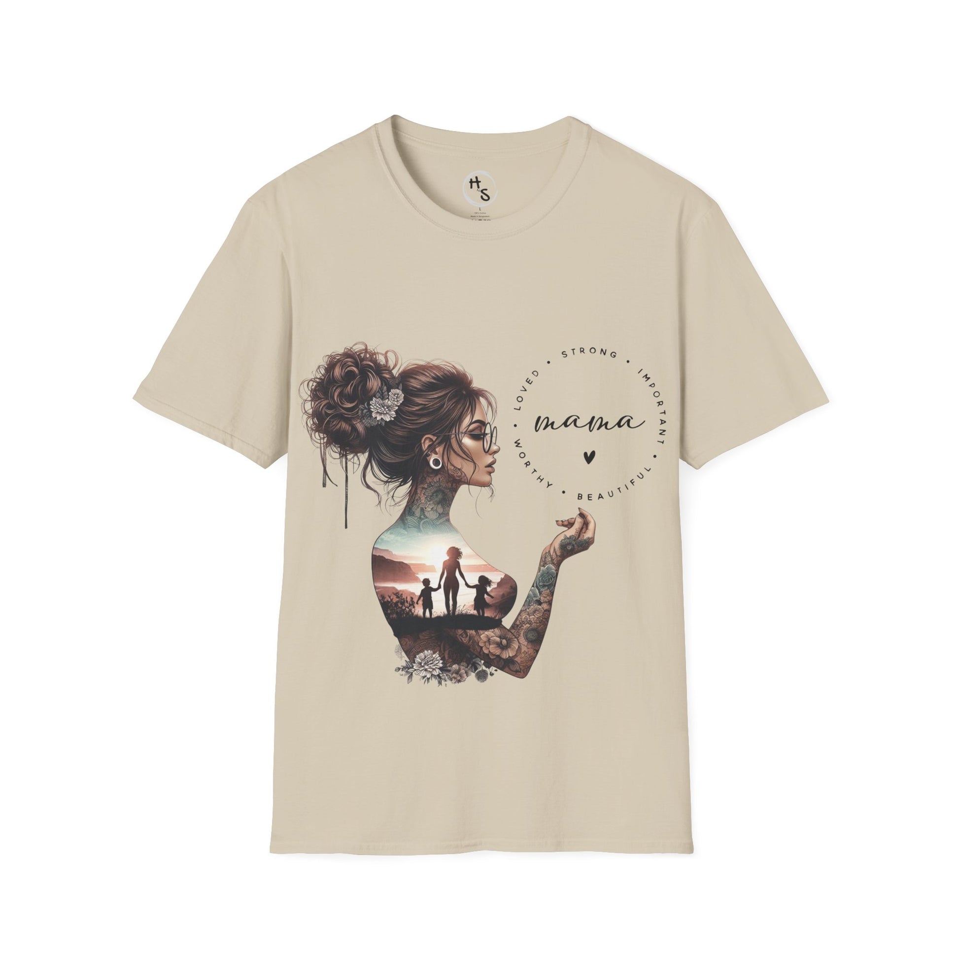 Beige t-shirt with a graphic design of a woman with tattoos and text on a white background