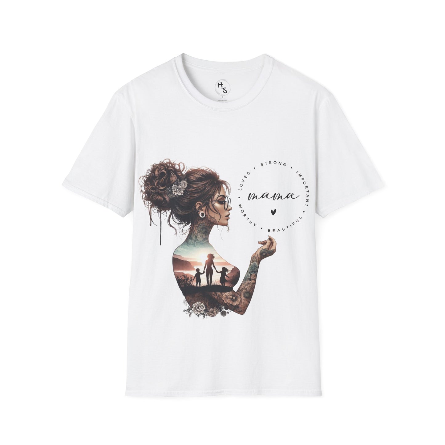 White t-shirt with a graphic design of a woman with tattoos and text on a white background