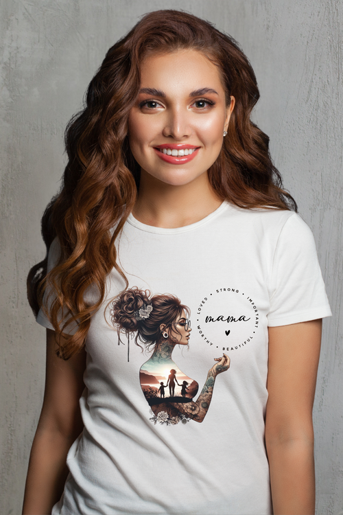 Woman wearing a white t-shirt with a graphic design on a gray background