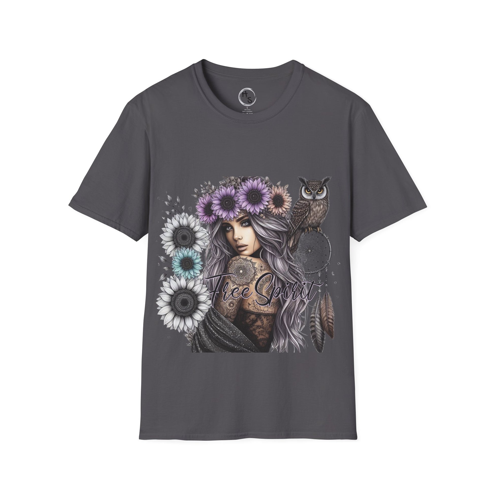 Gray t-shirt with a graphic of a woman with flowers and an owl on a white background