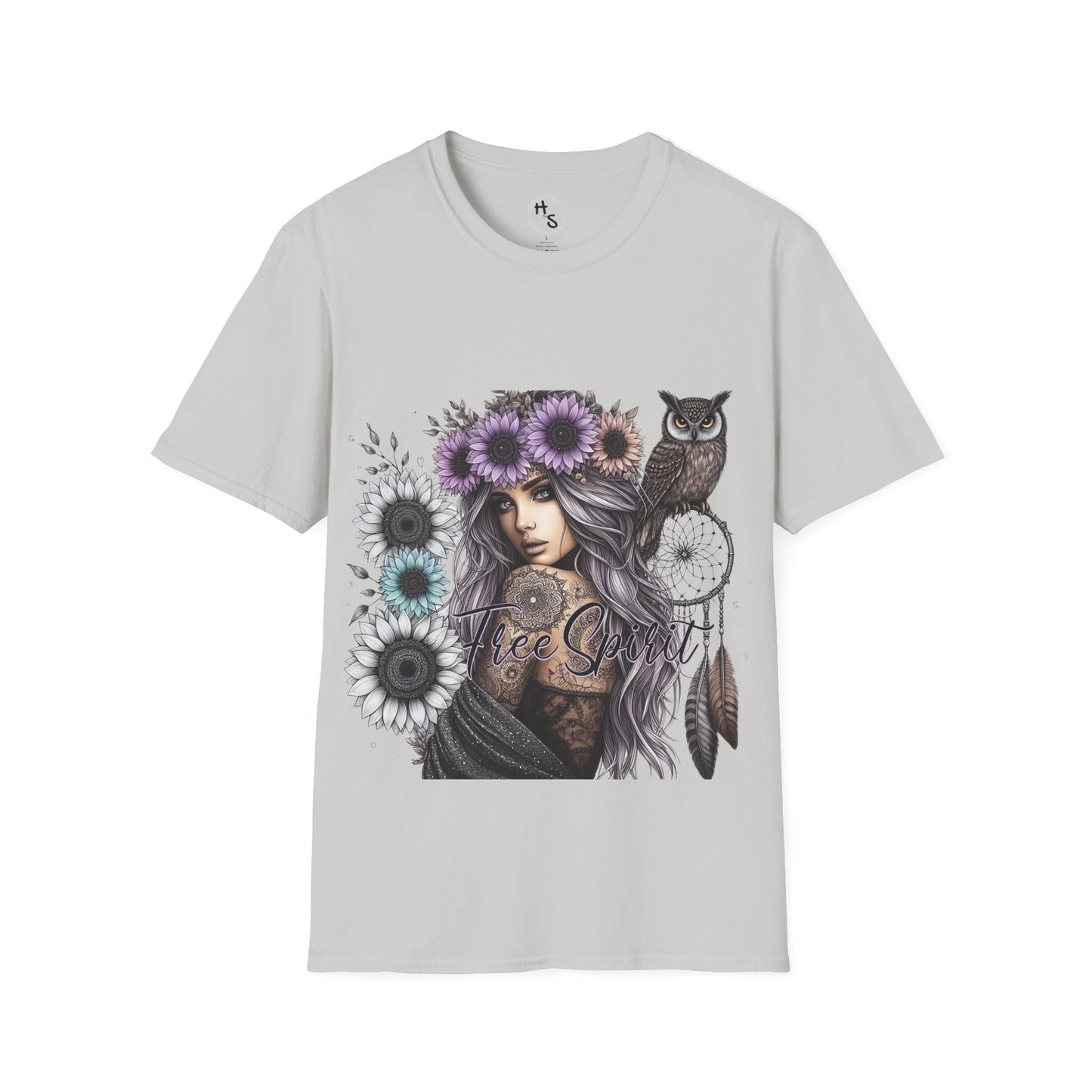 Gray t-shirt with a graphic design of a woman with flowers and an owl on a white background