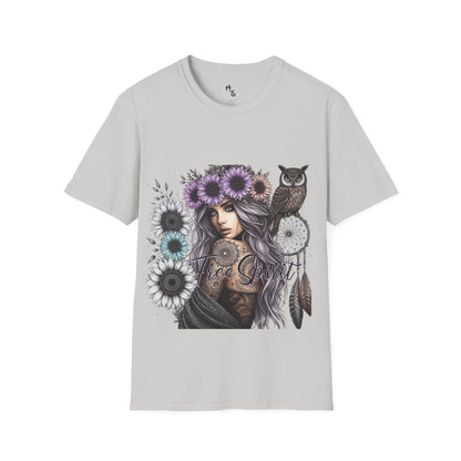 Gray t-shirt with a graphic design of a woman with flowers and an owl on a white background