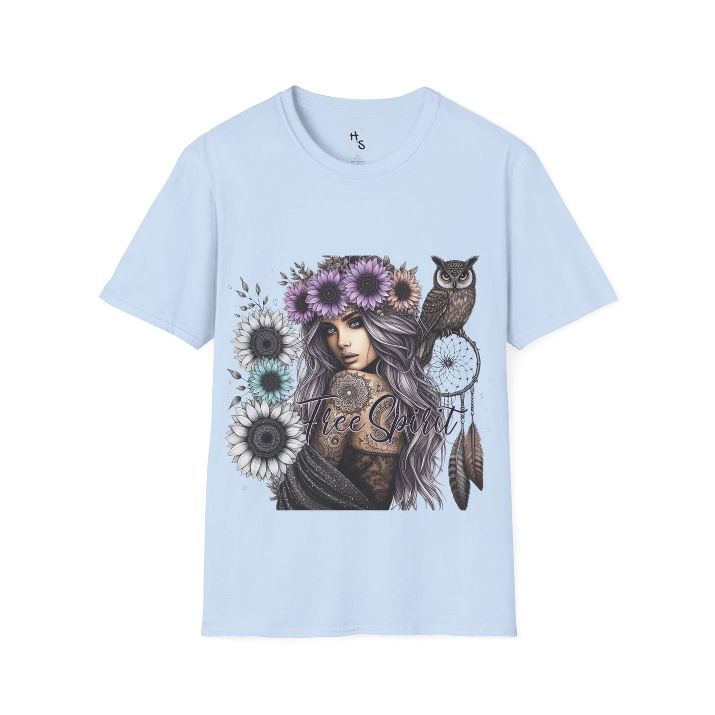 Light blue t-shirt with a graphic design of a woman with flowers and an owl on a white background