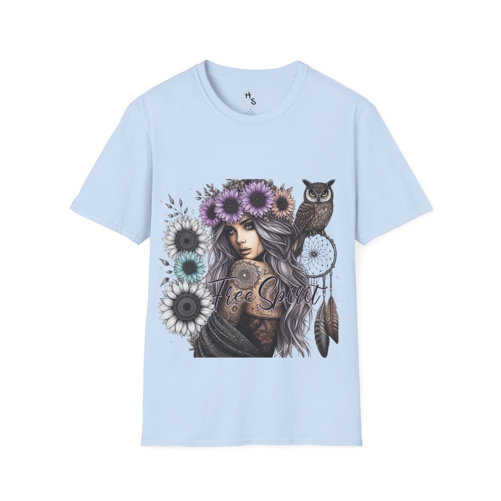 Light blue t-shirt with a graphic design of a woman with flowers and an owl on a white background