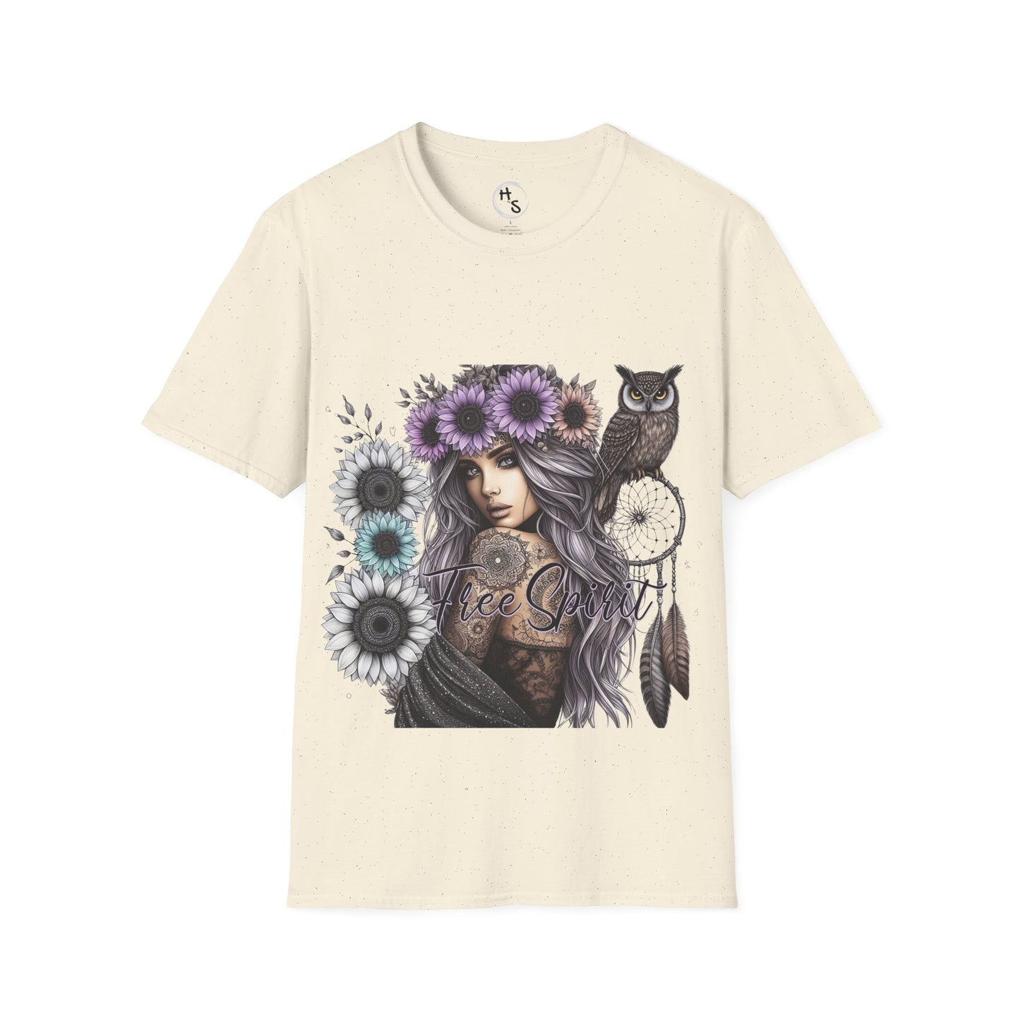 Beige t-shirt with a graphic design of a woman with flowers and an owl on a white background