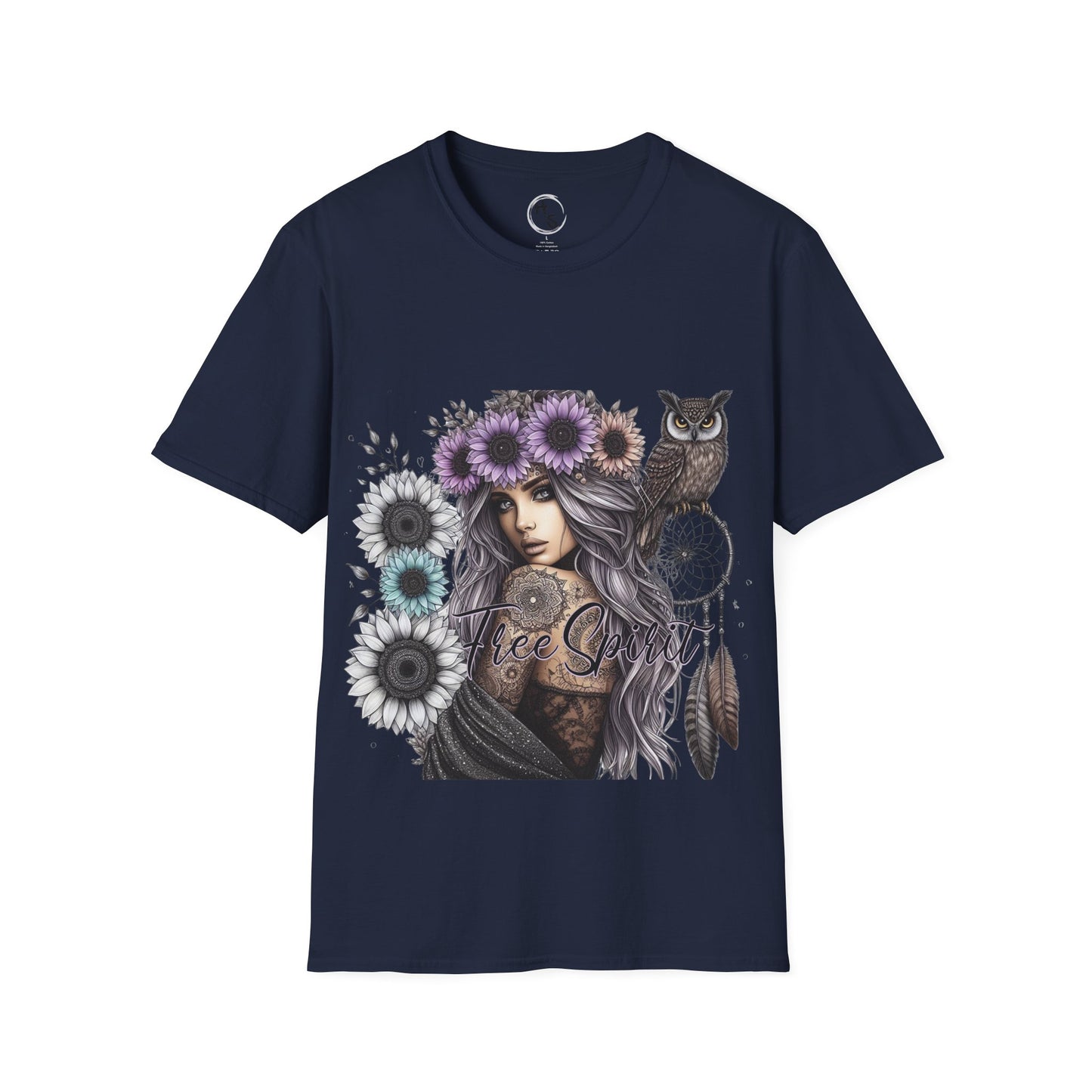 Navy blue t-shirt with a graphic of a woman with flowers and an owl on a white background