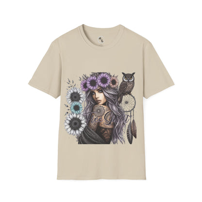 Beige t-shirt with a graphic design of a woman with flowers and an owl on a white background