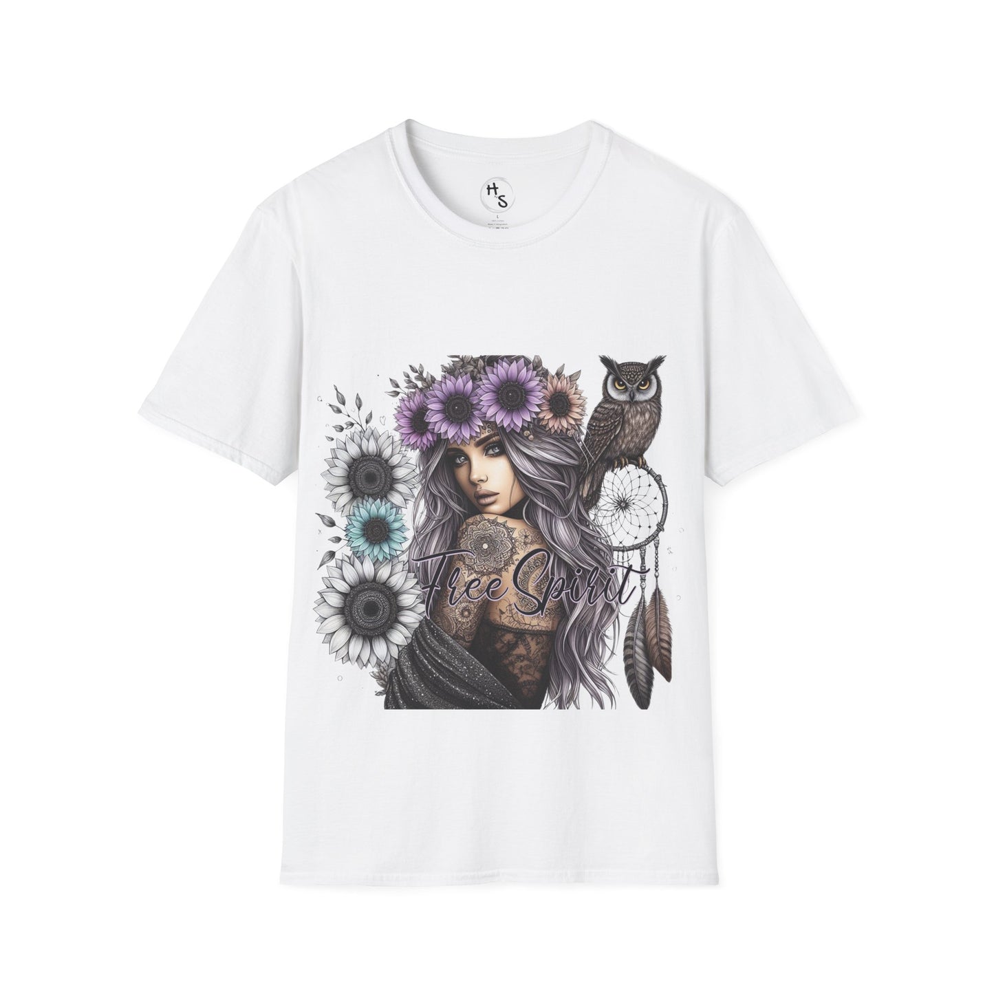 White t-shirt with a graphic design of a woman with flowers and an owl on a white background
