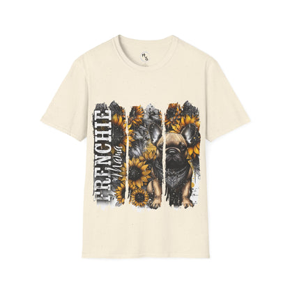 Beige t-shirt with a graphic of a frenchie and sunflowers on a white background