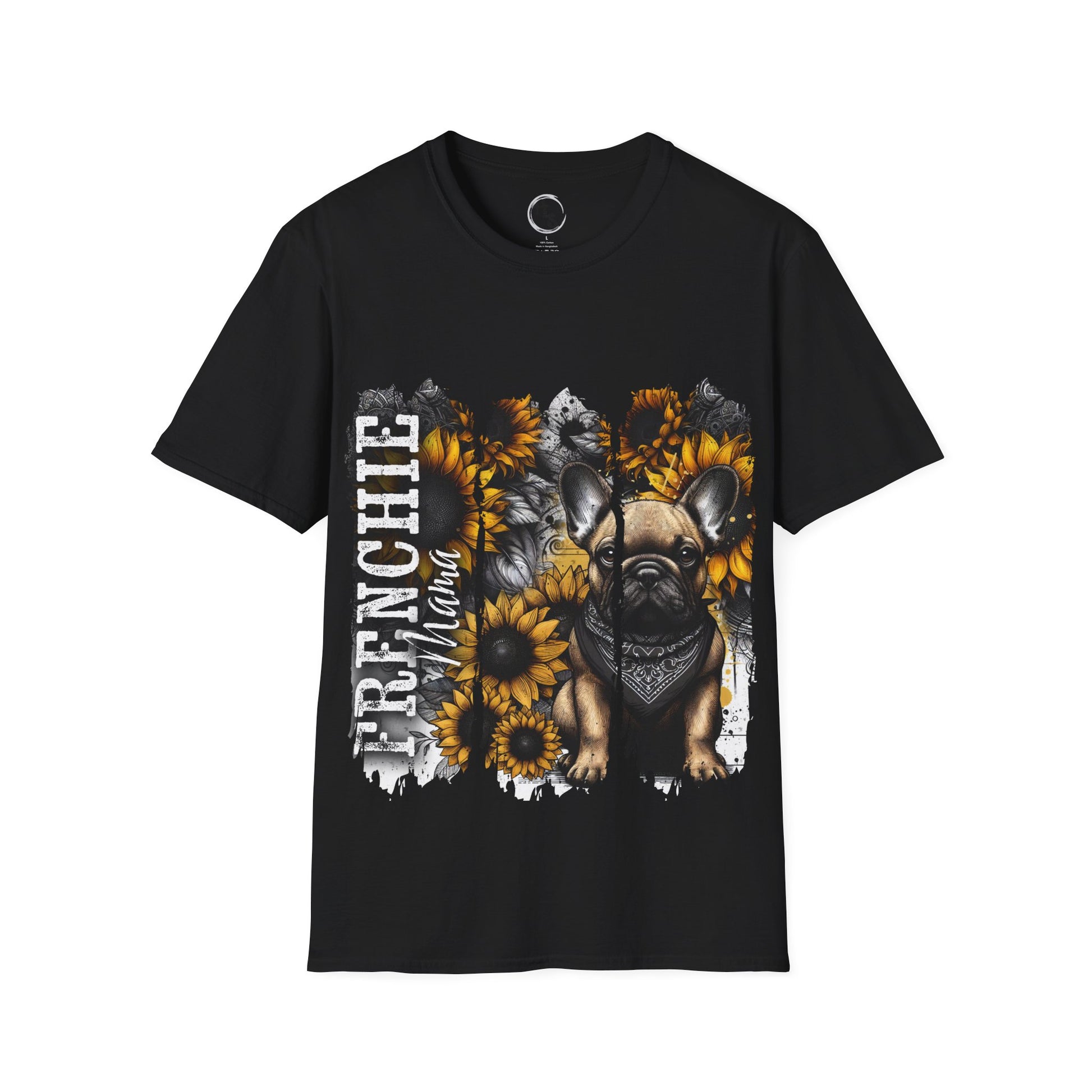 Black t-shirt with a dog and sunflower design on a white background