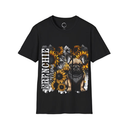 Black t-shirt with a dog and sunflower design on a white background