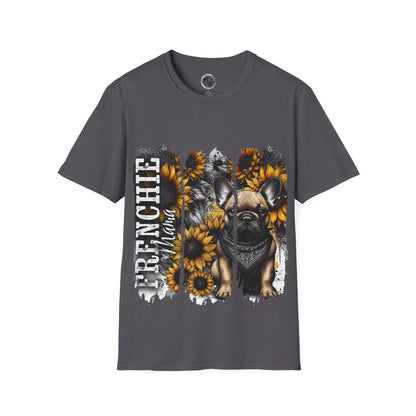 Gray t-shirt with a graphic of a frenchie and sunflowers on a white background