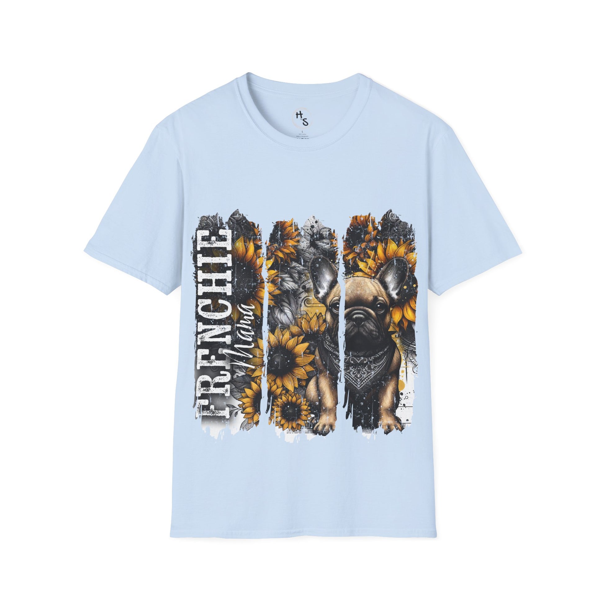 Light blue t-shirt with a graphic design of a dog and sunflowers on a white background