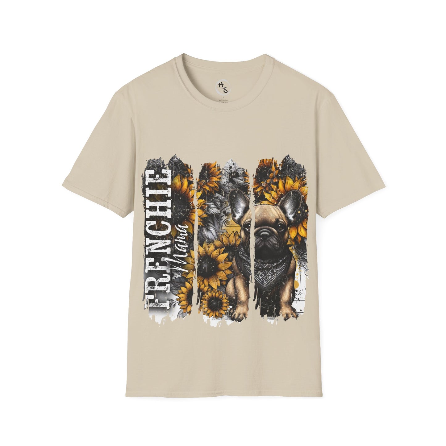 Beige t-shirt with a graphic of a frenchie and sunflowers on a white background