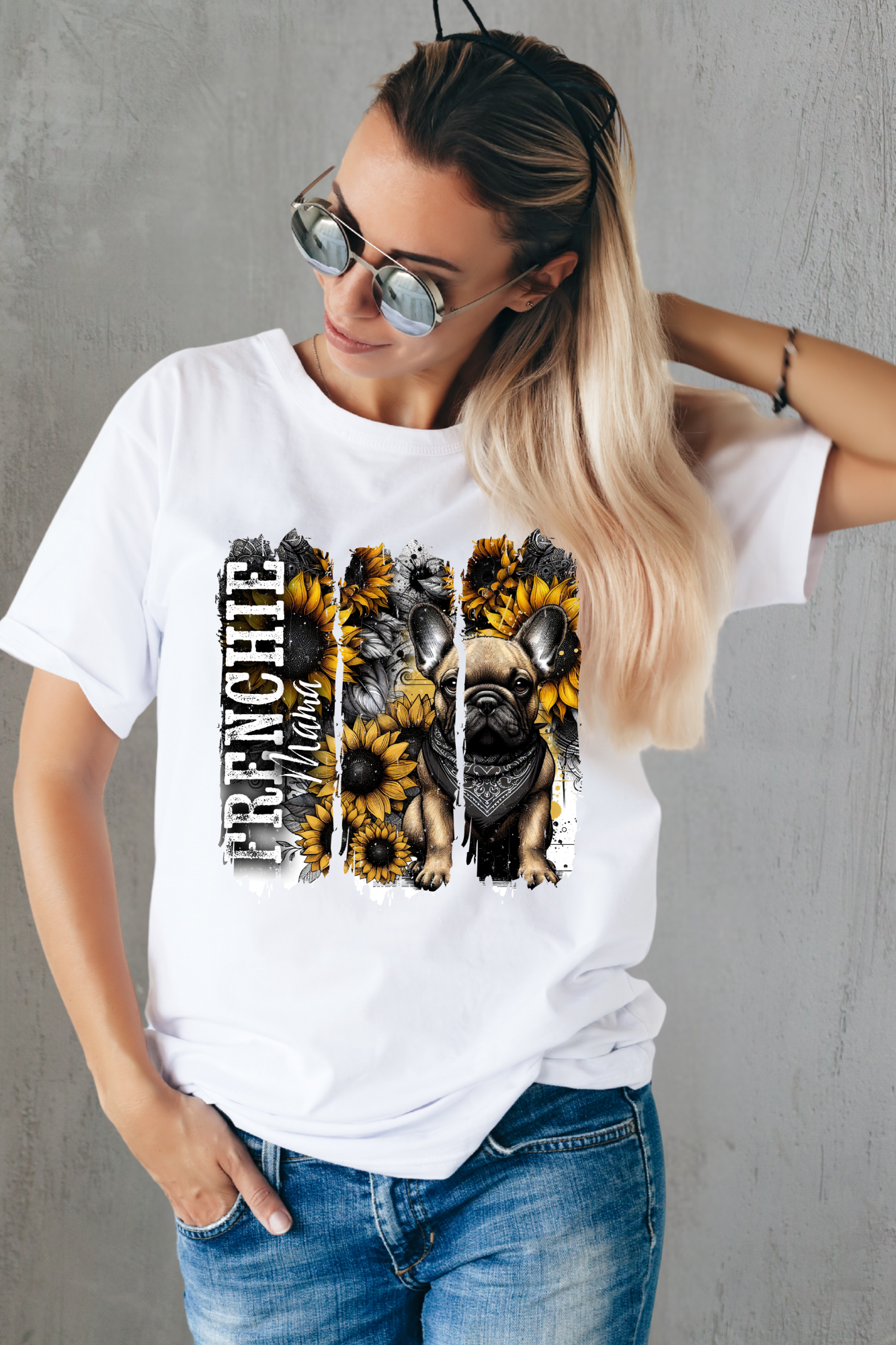 French Bulldog wearing a bandana surrounded by bold yellow sunflowers with the text 'Frenchie Mama' in a distressed edgy style.