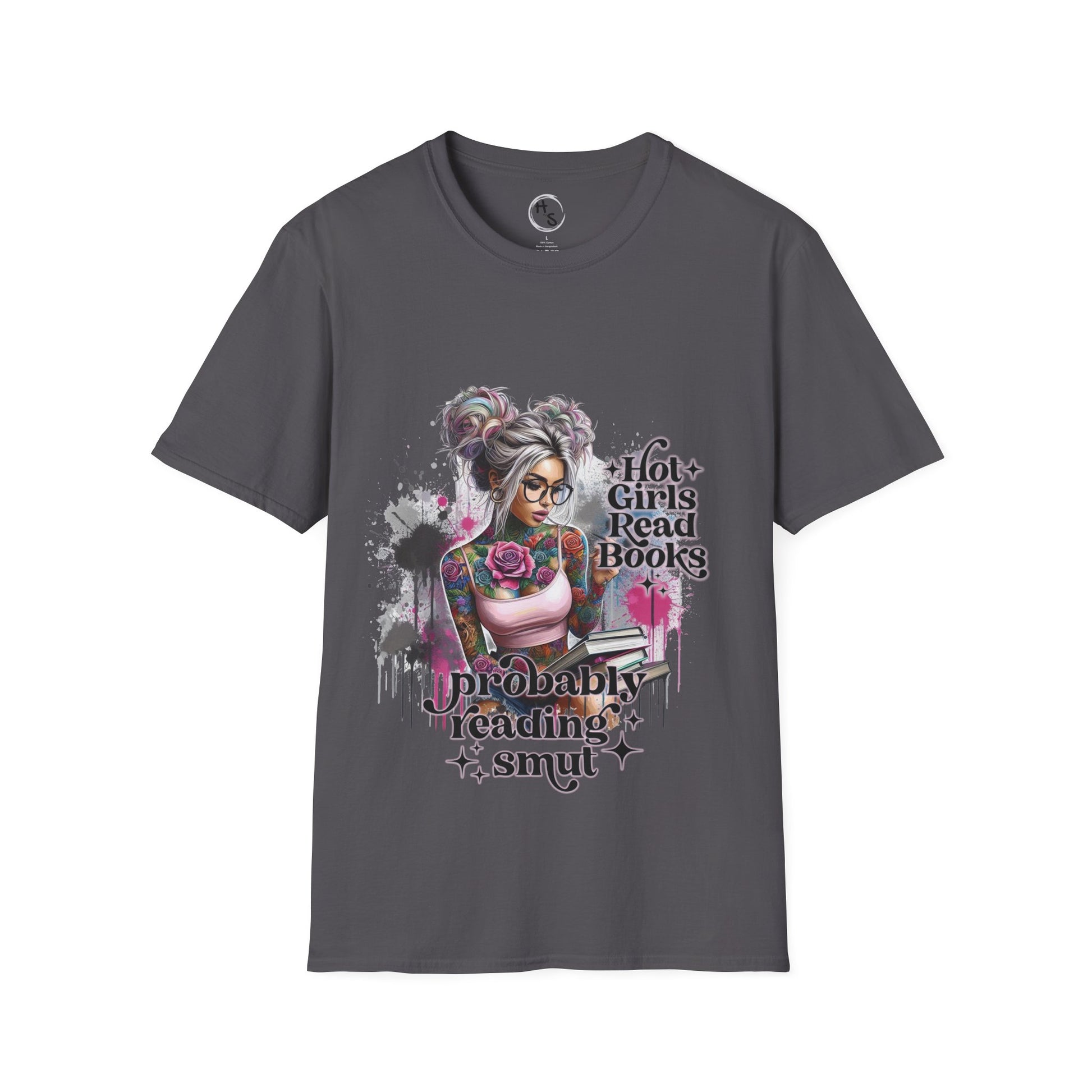 Charcoal T-shirt with a colorful graphic of a tattooed girl holding books, sitting casually against a gray wall.