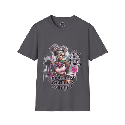 Charcoal T-shirt with a colorful graphic of a tattooed girl holding books, sitting casually against a gray wall.