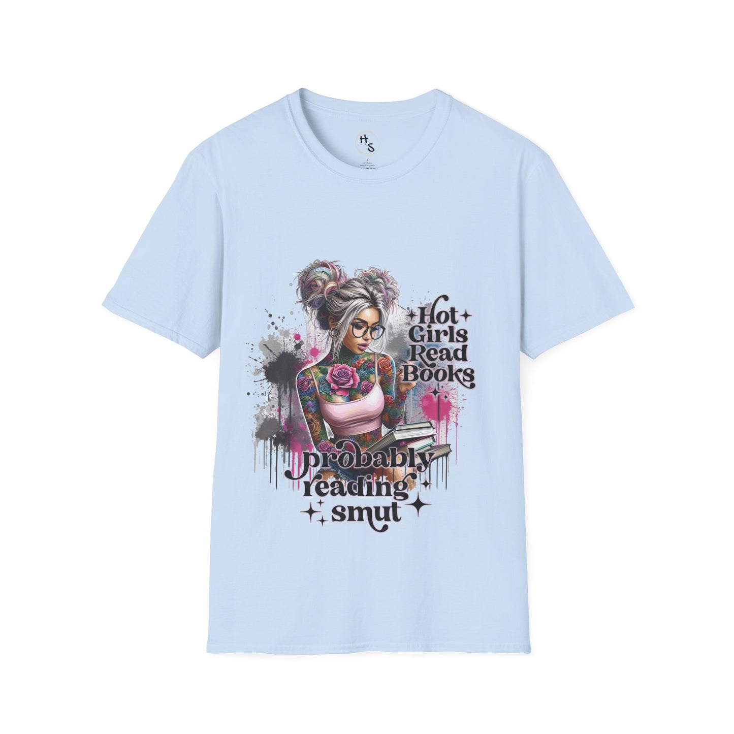  Light blue T-shirt with a colorful graphic of a tattooed girl holding books, sitting casually against a gray wall.