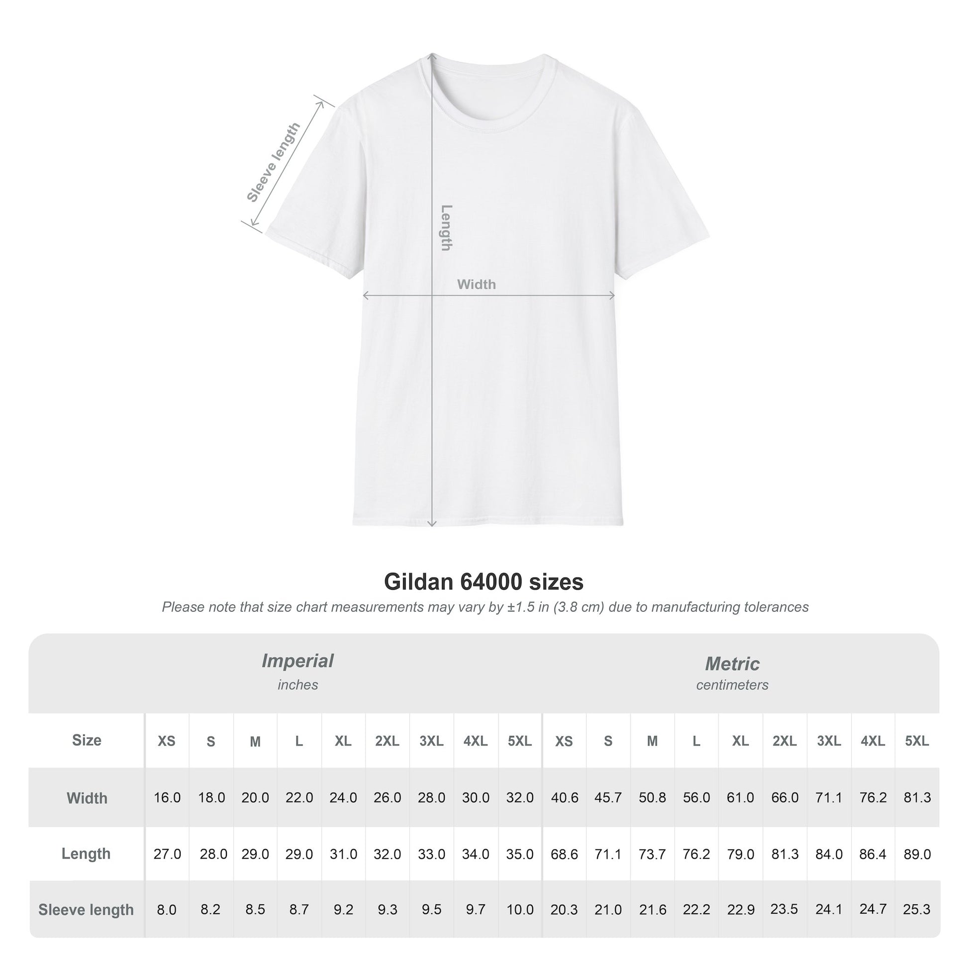 White size chart displaying clothing measurements in a grid layout with labeled rows and columns.