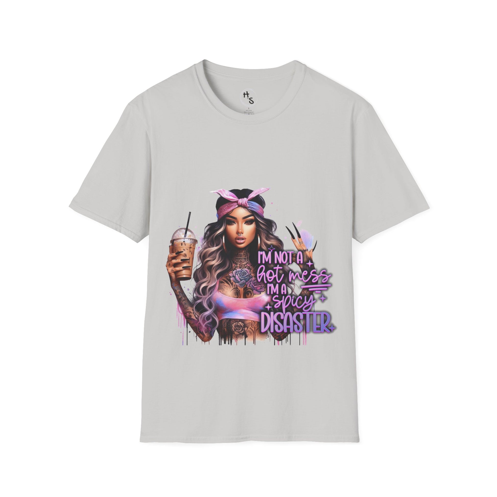 Gray t-shirt with a graphic design of a woman holding a drink and text on a white background