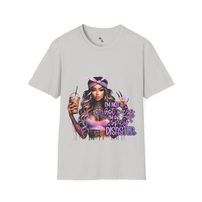 Gray t-shirt with a graphic design of a woman holding a drink and text on a white background