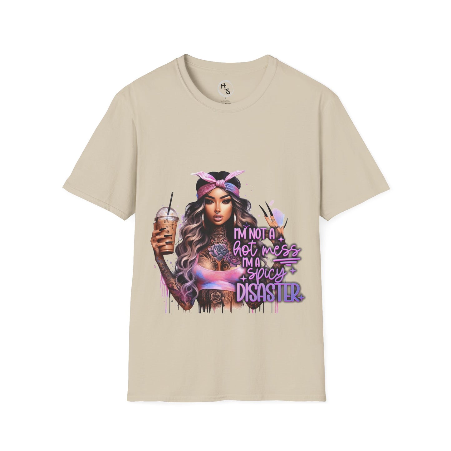 Beige t-shirt with a graphic of a woman holding a drink and text on a white background