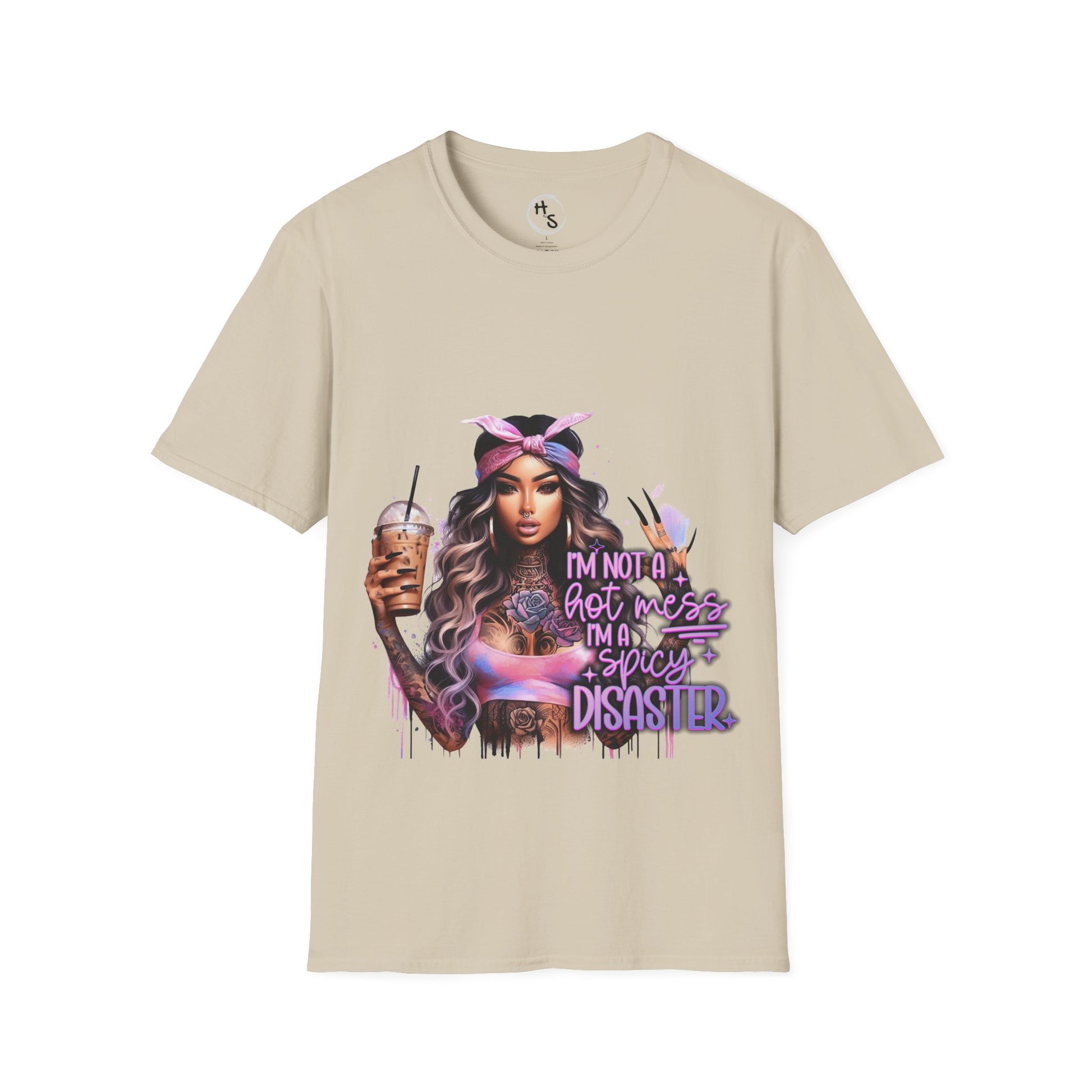 Beige t-shirt with a graphic of a woman holding a drink and text on a white background