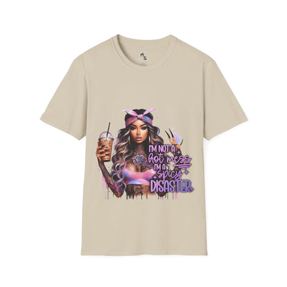 Beige t-shirt with a graphic of a woman holding a drink and text on a white background