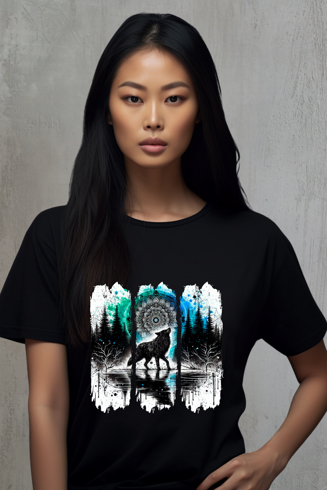 Person wearing a black t-shirt with a nature-themed design on a white  background