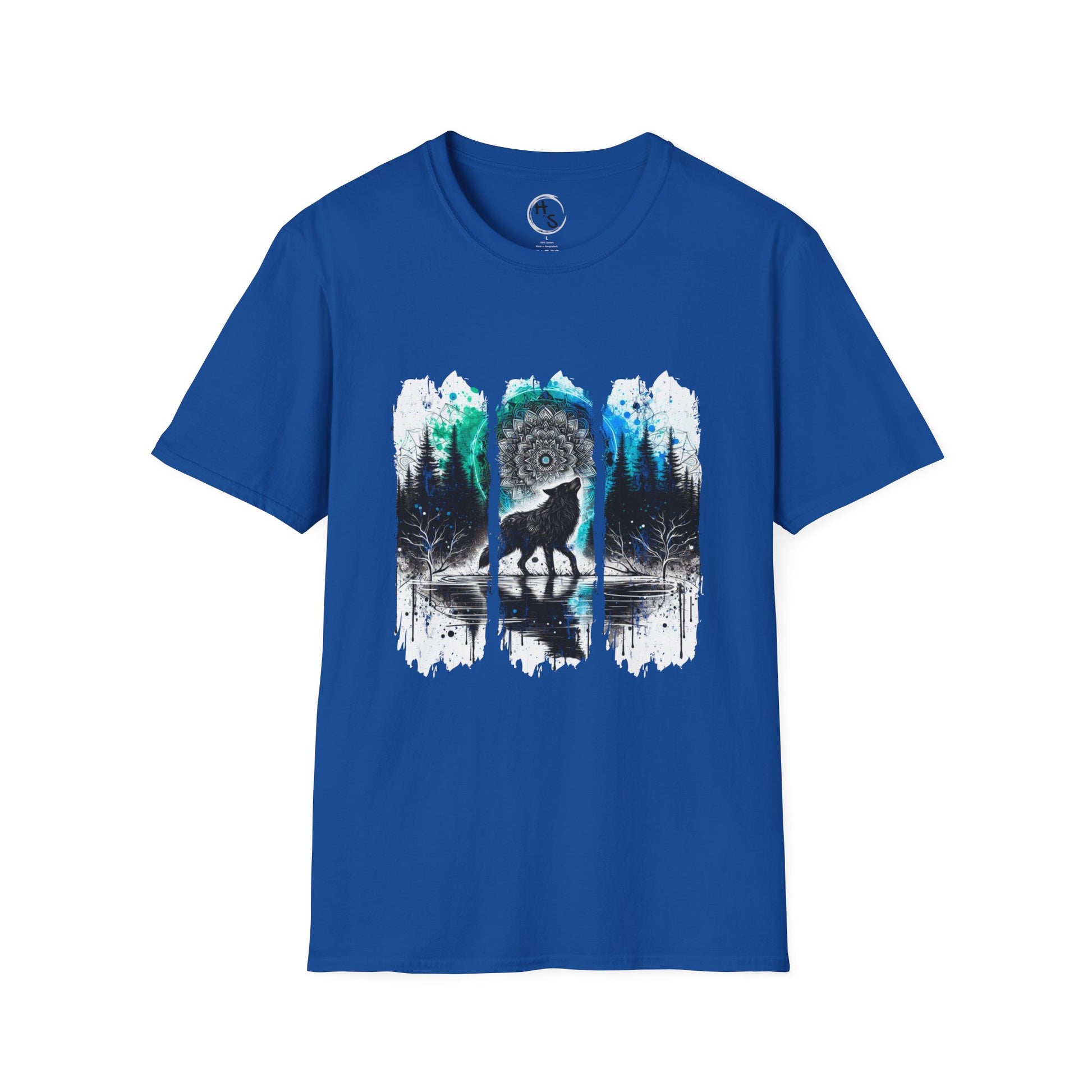 Blue t-shirt with a nature-themed graphic of a wolf and trees on a white background