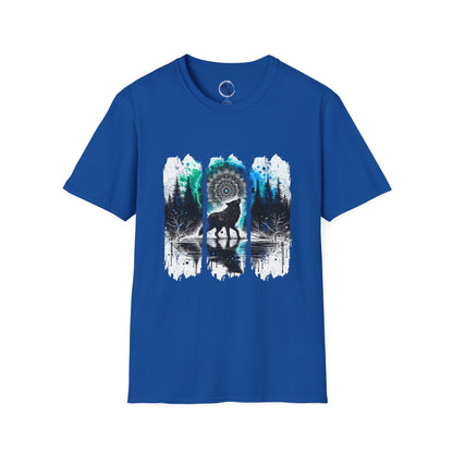 Blue t-shirt with a nature-themed graphic of a wolf and trees on a white background