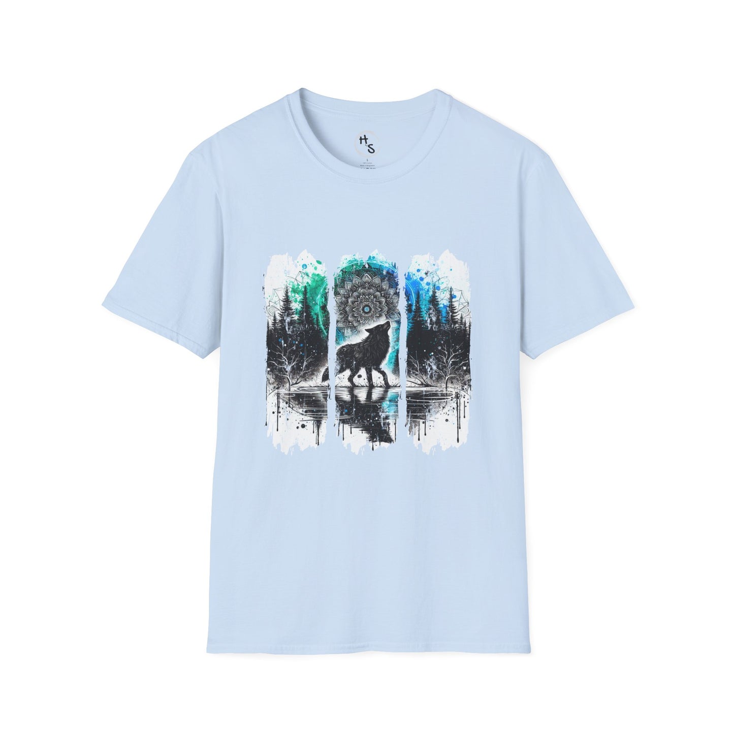 Light blue t-shirt with a wolf graphic design on a white background