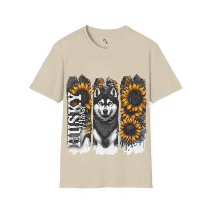 Beige t-shirt with husky and sunflower design on a white background