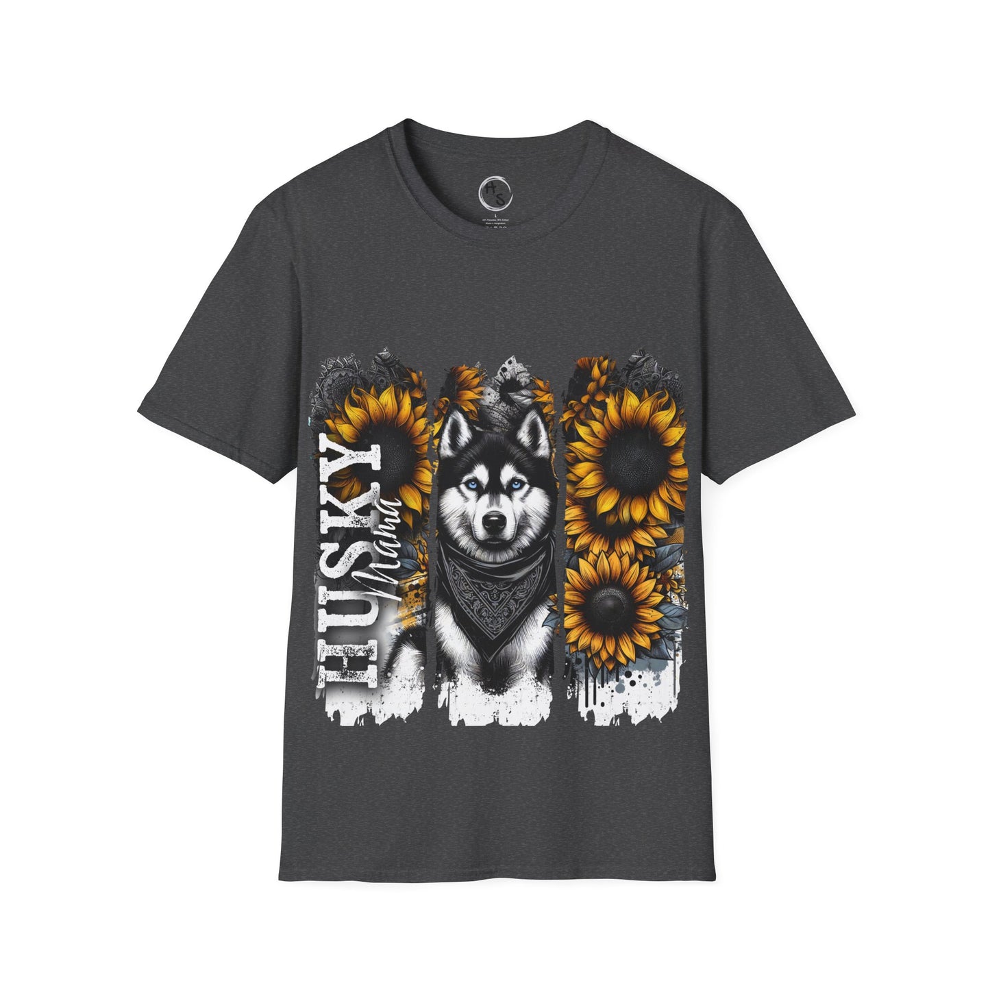 Gray t-shirt with a husky and sunflower design on a white background