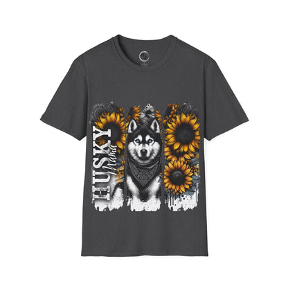 Gray t-shirt with a husky and sunflower design on a white background