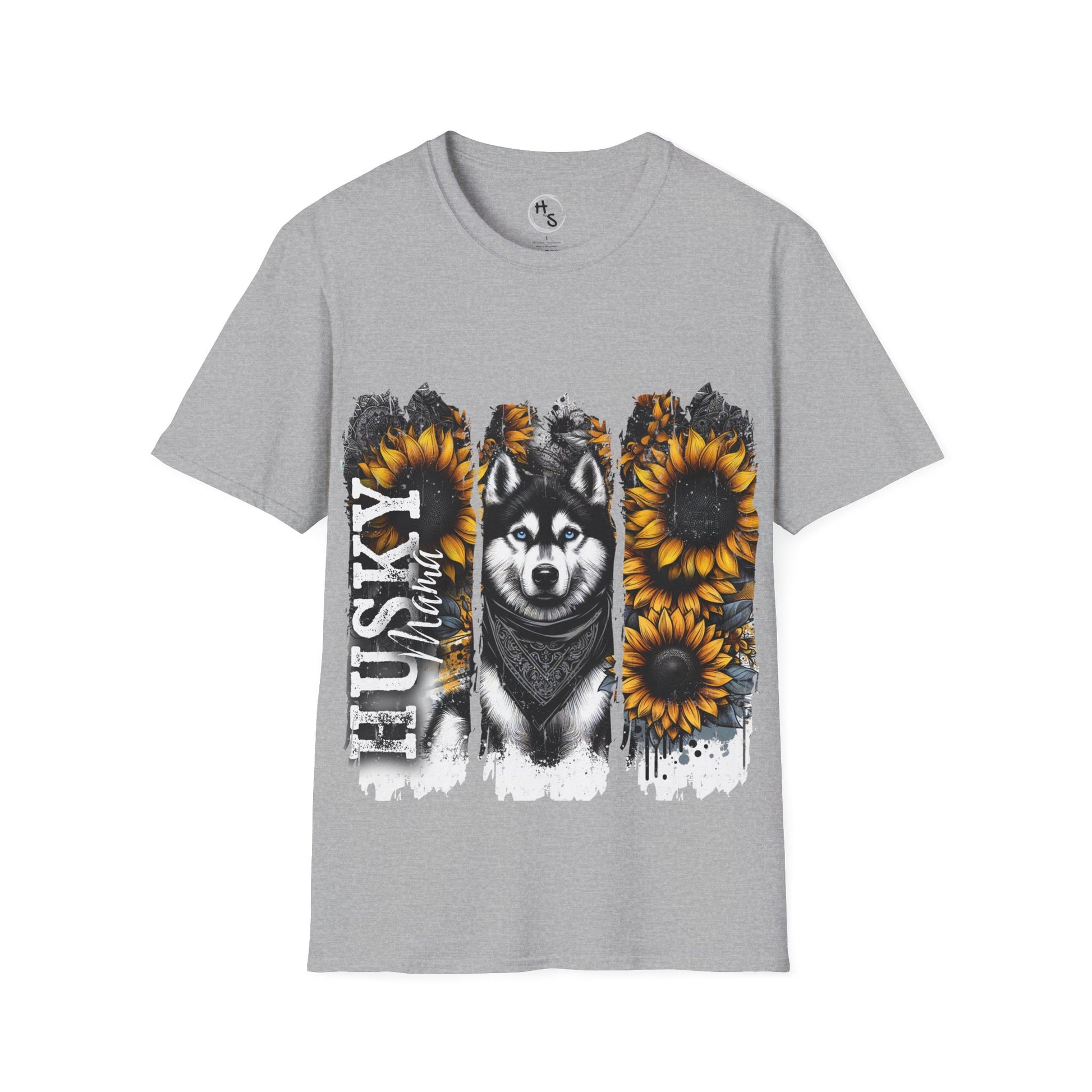 Gray t-shirt with a husky and sunflower design on a white background