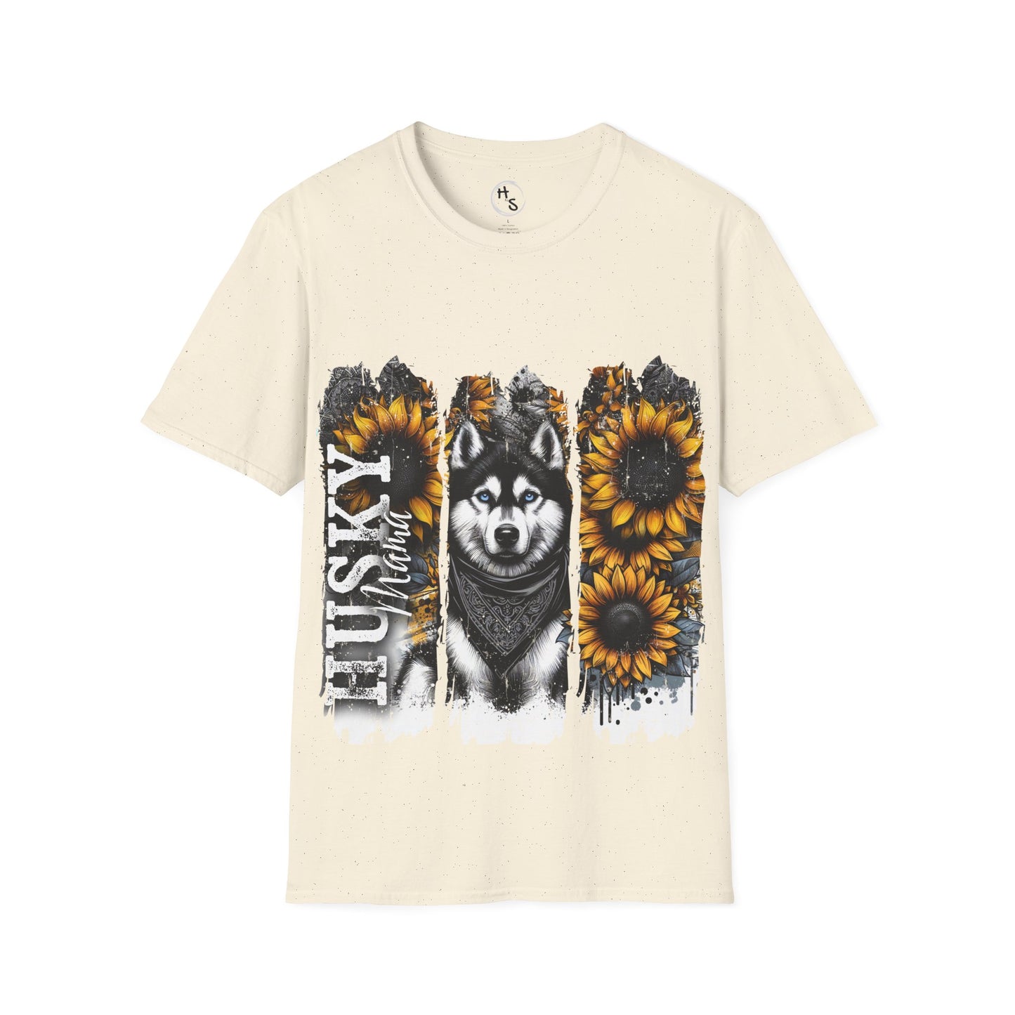 Beige t-shirt with a graphic of a husky dog and sunflowers on a white background