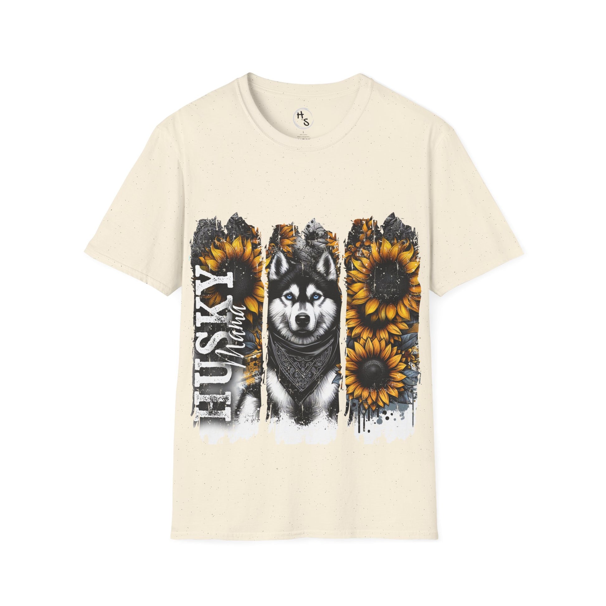 Beige t-shirt with a graphic of a husky dog and sunflowers on a white background