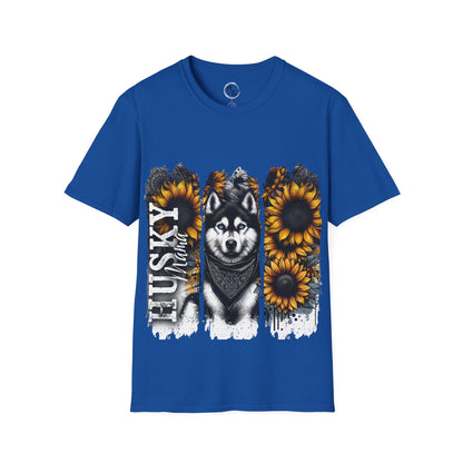Blue t-shirt with a husky and sunflower design on a white background